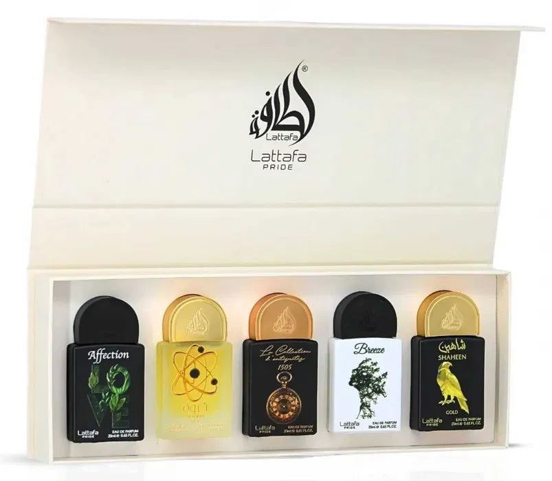 Lattafa Pride Gift Set Collection No.1 – 5x20ml EDP  Affection, Tharwah Gold, Breeze, Shaheen Gold, Antiquités 1505