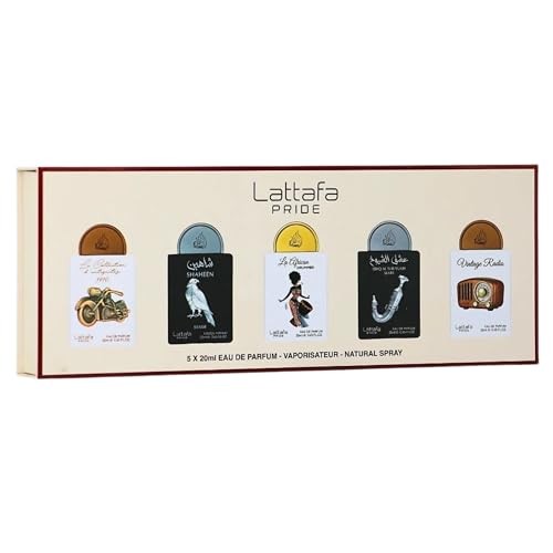 Lattafa Pride Gift Set Collection No.5 – 5x20ml EDP  Antiquités 1910, Shaheen Silver, African Drummer, Ishq Al Shuyukh Silver, Vintage Radio