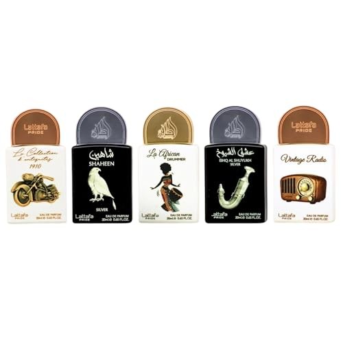 Lattafa Pride Gift Set Collection No.5 – 5x20ml EDP  Antiquités 1910, Shaheen Silver, African Drummer, Ishq Al Shuyukh Silver, Vintage Radio