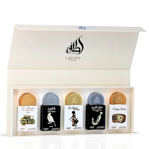 Lattafa Pride Gift Set Collection No.5 – 5x20ml EDP  Antiquités 1910, Shaheen Silver, African Drummer, Ishq Al Shuyukh Silver, Vintage Radio