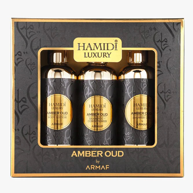 Hamidi Luxury Amber Oud by Armaf Gift Set | Shower Gel, Shampoo-Conditioner, & Body Lotion