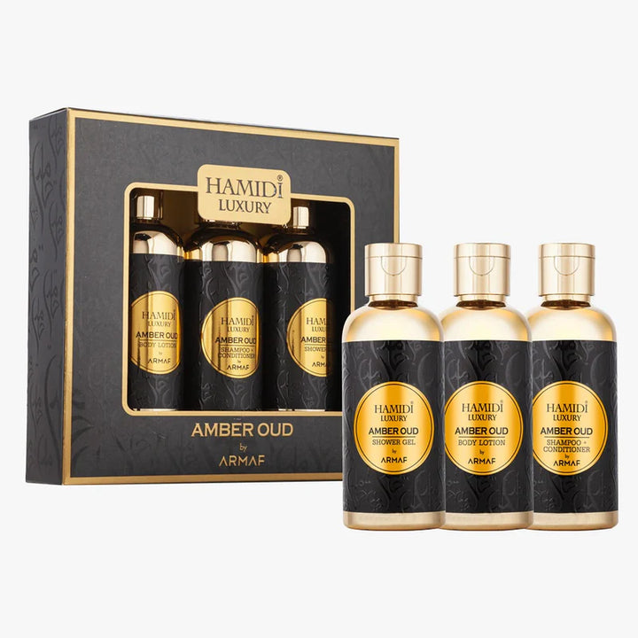 Hamidi Luxury Amber Oud by Armaf Gift Set | Shower Gel, Shampoo-Conditioner, & Body Lotion